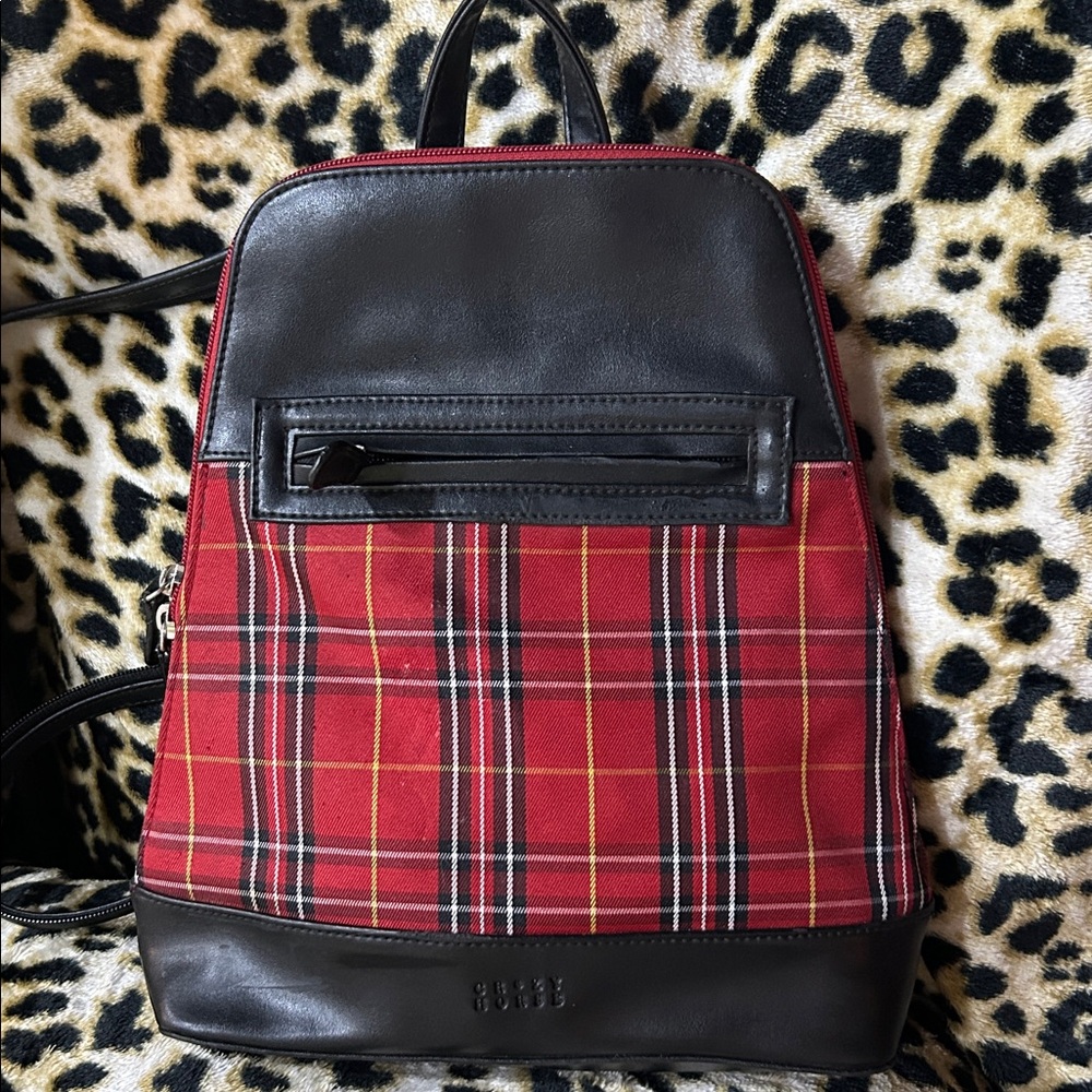 Liz Claiborne-Crazy Horse Sling Backpack Black and Red Tartan
